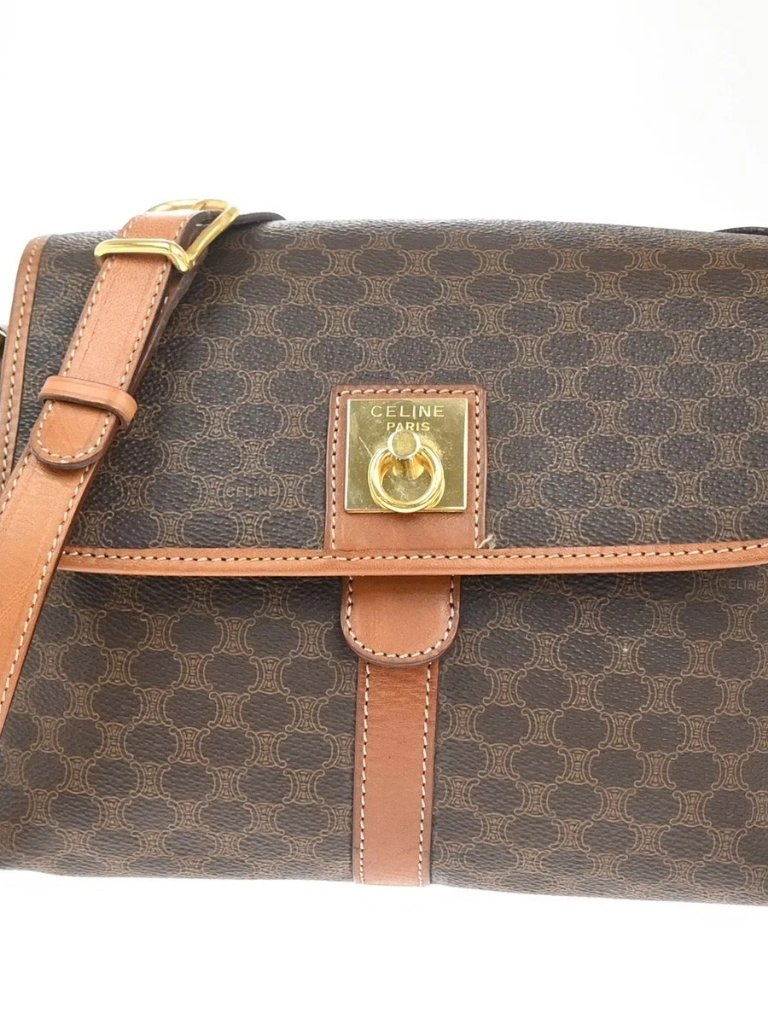 Celine Logo Macadam Pattern Shoulder Bag Pvc Leather Brown Ghw Italy 64kc652